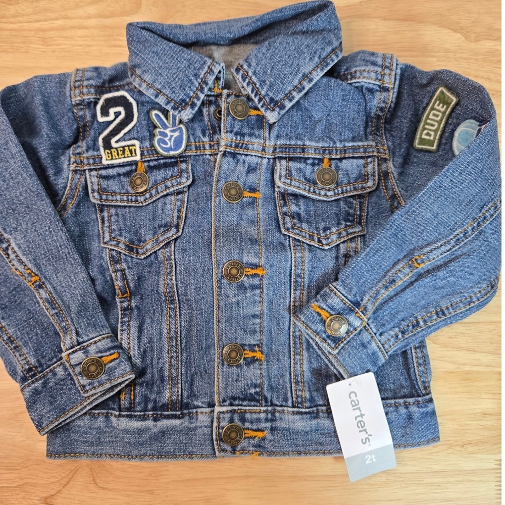 Carters Toddler Boys Denim Jacket with Removable Hood Blue Patches 2T NWT